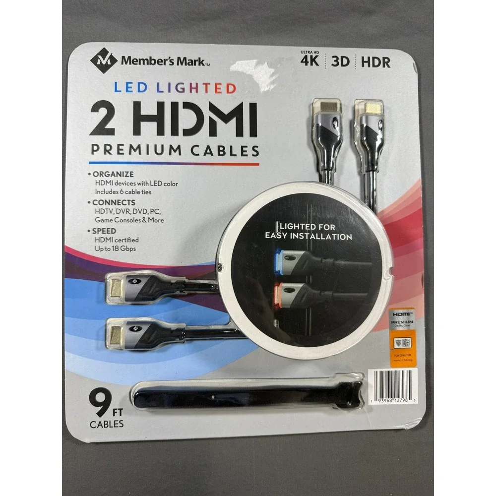 Member's Mark LED Lighted Premium HDMI Cables 2 Pack 9ft Black 4K 3D HDR